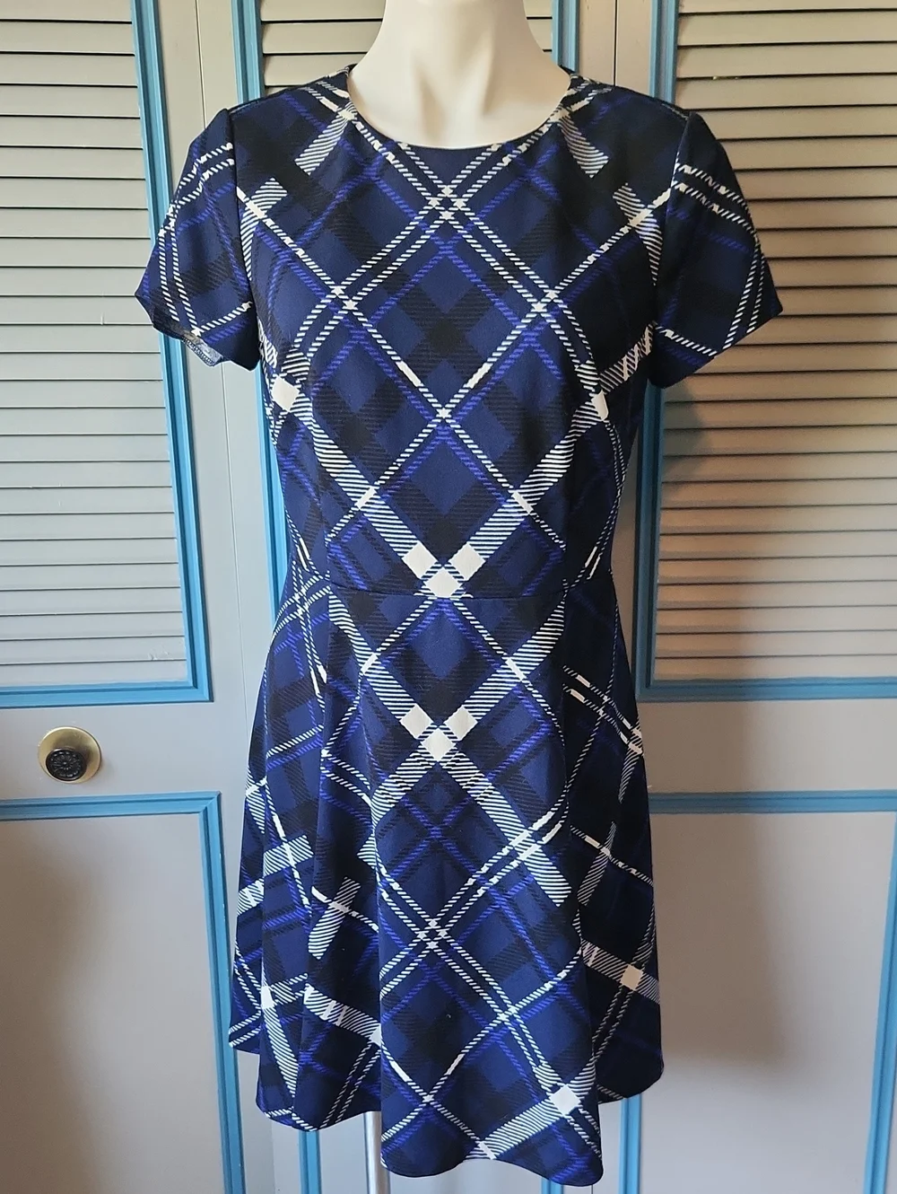 Vince Camuto Navy Plaid Fit & Flare Dress - Picture 2 of 10